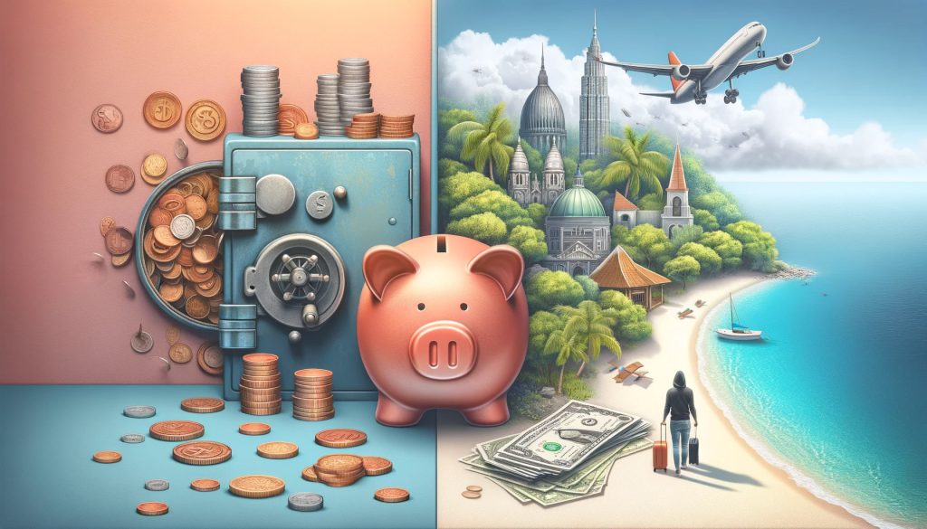 A creative thought provoking image representing the dilemma between saving money and going on a trip