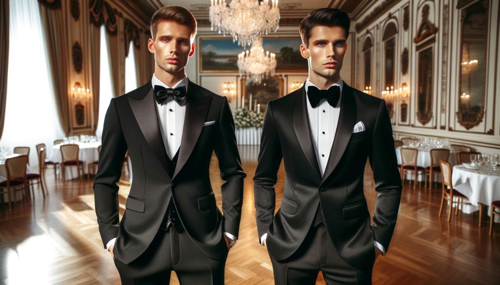 A formal event setting with two men standing side by side each dressed in elegant formal attire. The man on the left wears a classic black tuxedo wi