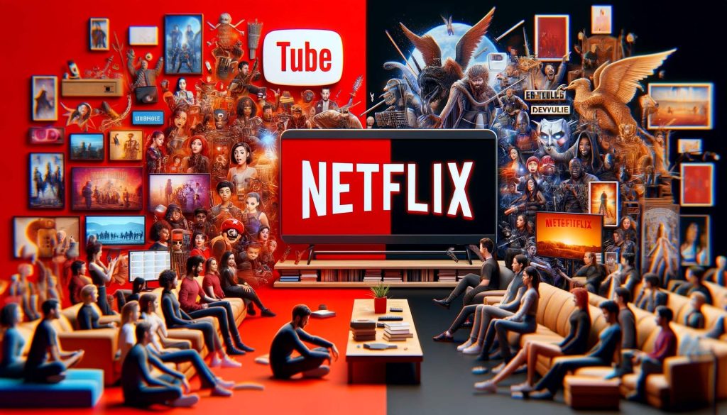 A split screen image representing the debate between YouTube and Netflix for entertainment needs