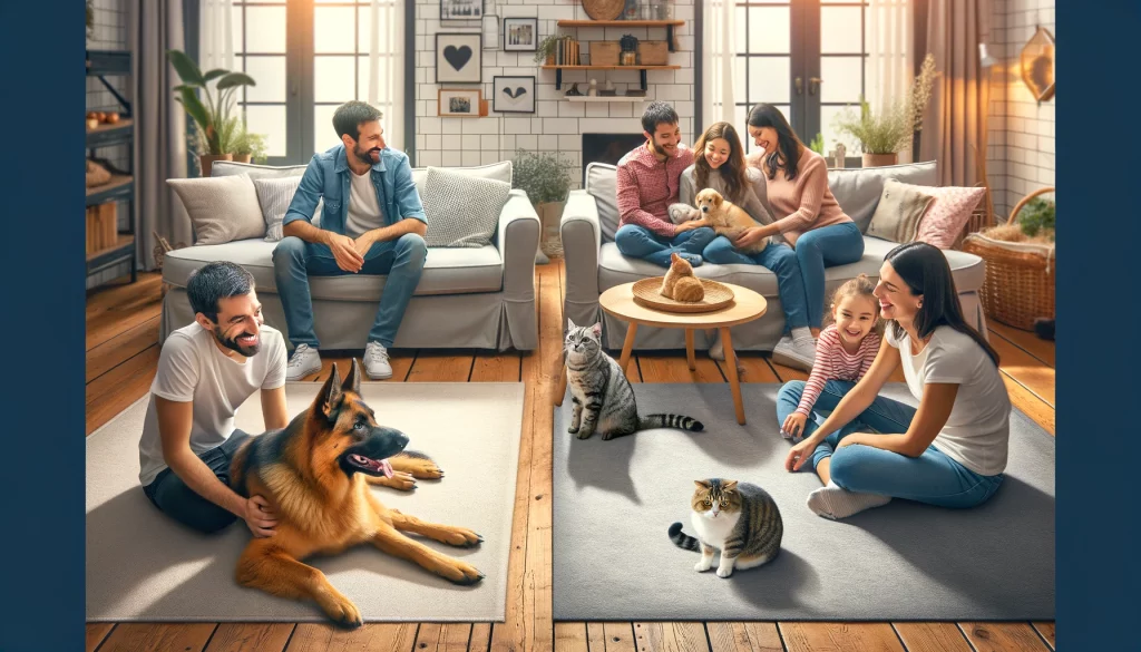 high quality photographed style image that illustrates the theme Which one is better for family members getting a cat or a dog as a pet